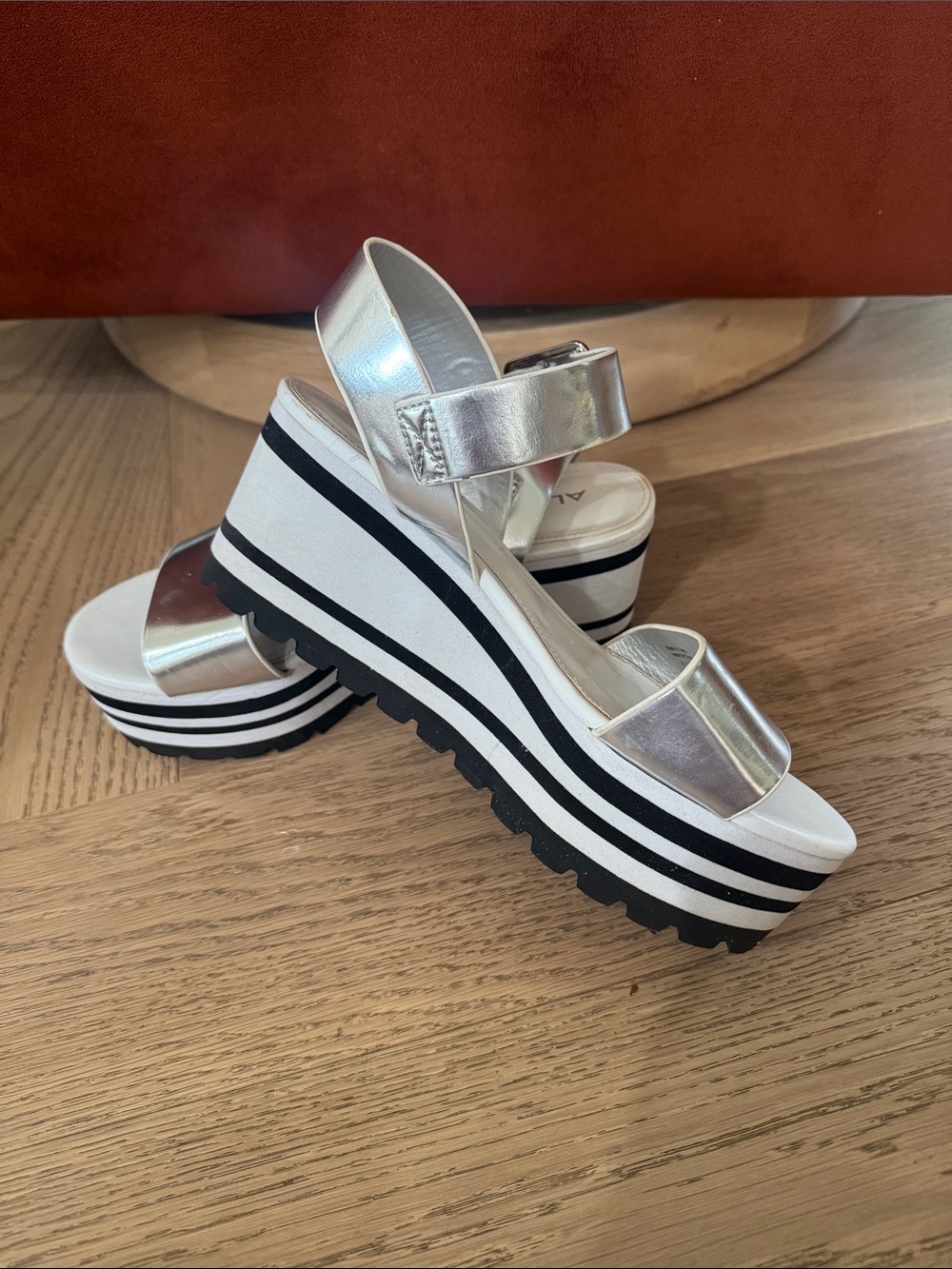 Aldo Silver Platform Sandals with Black & White Striped Sole